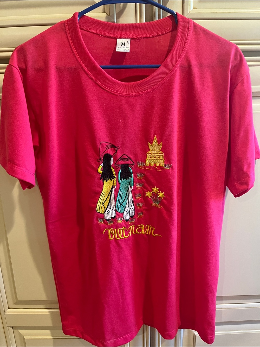 Women's Pink Embroidered Vietnam Short Sleeve Jersey Tee